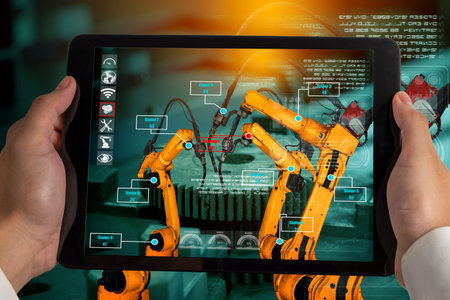 Engineer controls robotic arms by augmented reality industry technology application software. Smart...
