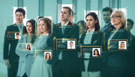 Facial recognition technology scan and detect people face for identification . Future concept interface showing digital biometric security system that analyze human face to verify personal data .の写真素材