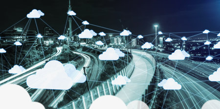 Cloud computing technology and online data storage for global data sharing. Computer connects to...