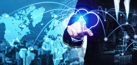 Cloud computing technology and online data storage for global data sharing. Computer connects to...