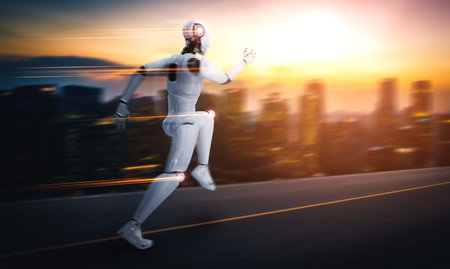 Running robot humanoid showing fast movement and vital energy in concept of future innovation development toward AI brain and artificial intelligence thinking by machine learning. 3D illustration.の写真素材
