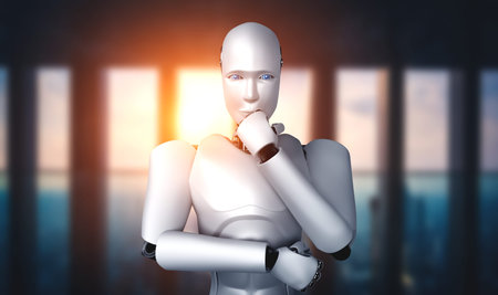 Thinking AI humanoid robot analyzing information data in concept of artificial intelligence by machine learning process for 4th fourth industrial revolution . 3D illustration.の写真素材