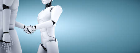 3D rendering humanoid robot handshake to collaborate future technology development by AI thinking brain, artificial intelligence and machine learning process for 4th industrial revolution.の写真素材