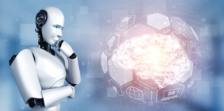 Thinking AI humanoid robot analyzing hologram screen showing concept of AI brain and artificial...