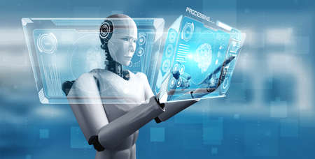 Robot humanoid use mobile phone or tablet in concept of AI thinking brain , artificial intelligence and machine learning process for the 4th fourth industrial revolution . 3D illustration.の写真素材