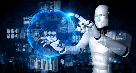 AI humanoid robot touching virtual hologram screen showing concept of big data analytic using...
