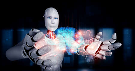 AI humanoid robot holding virtual hologram screen showing concept of AI brain and artificial intelligence thinking by machine learning process. 3D illustration.の写真素材