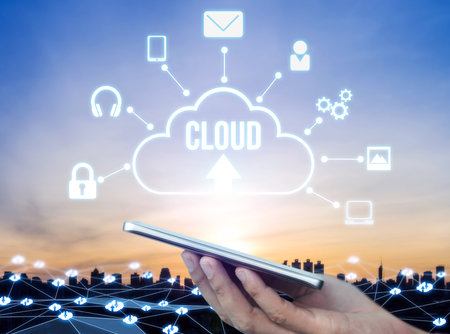 Cloud computing technology and online data storage for global data sharing. Computer connects to...