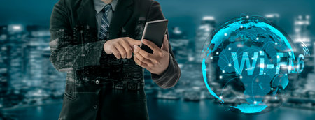 Advanced communication and global internet network connection in smart city . Concept of future 5G wireless digital connecting and social media networking .の写真素材