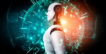 Humanoid AI robot looking at hologram screen showing concept of communication 5G network analytic...