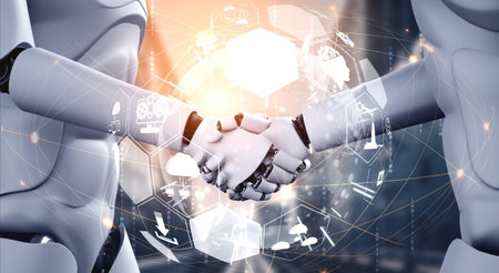 3D rendering humanoid robot handshake to collaborate future technology development by AI thinking...