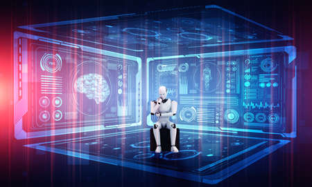 Thinking AI humanoid robot analyzing hologram screen showing concept big data analytic using artificial intelligence by machine learning process. 3D illustration.の写真素材