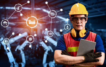 Engineering technology and industry 4.0 smart factory concept with icon graphic showing automation...