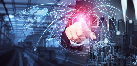 Cloud computing technology and online data storage for global data sharing. Computer connects to...