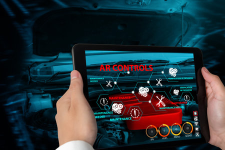 Engineer use augmented reality software to monitor parts of car vehicle with automated application ....