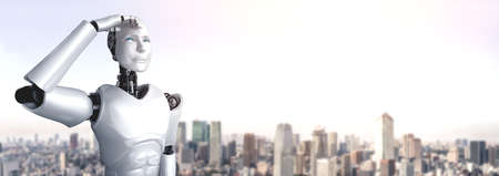 3D illustration robot humanoid looking forward against cityscape skyline . Concept of leadership, idea and vision for futuristic development of artificial intelligence AI .の写真素材