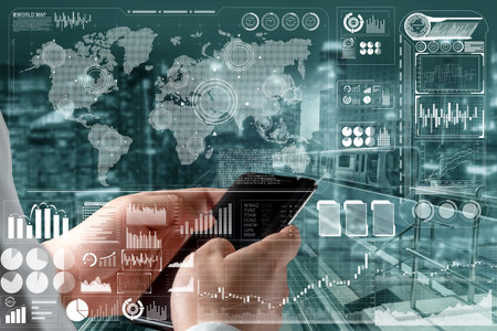 Global finance analysis and big data research concept . Futuristic screen showing large statistic...