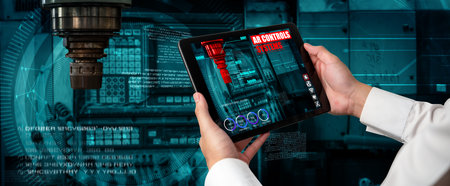 Engineer use augmented reality software in smart factory production line with automated application...