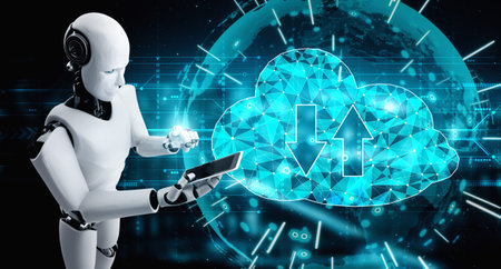 AI robot using cloud computing technology to store data on online server . Futuristic concept of...