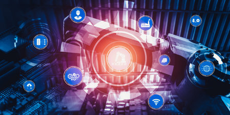 Industry 4.0 technology concept - Smart factory for fourth industrial revolution with icon graphic...