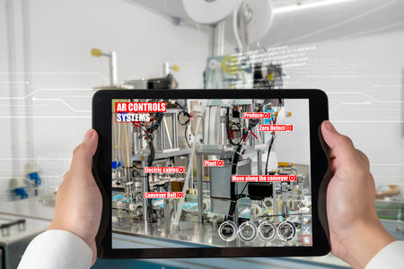 Engineer use augmented reality software in smart factory production line with automated application...