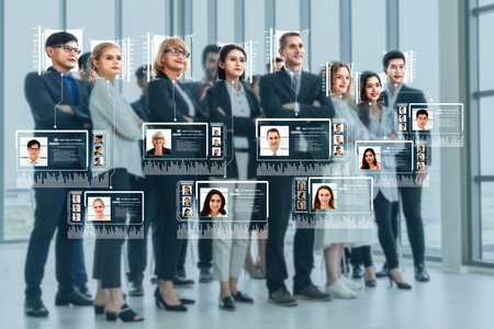 Facial recognition technology scan and detect people face for identification . Future concept interface showing digital biometric security system that analyze human face to verify personal data .の写真素材