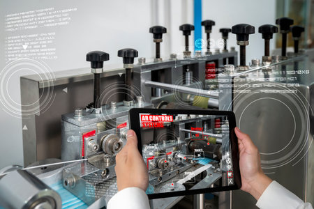 Engineer use augmented reality software in smart factory production line with automated application...