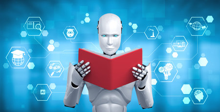 3D illustration of robot humanoid reading book in concept of future artificial intelligence and 4th...