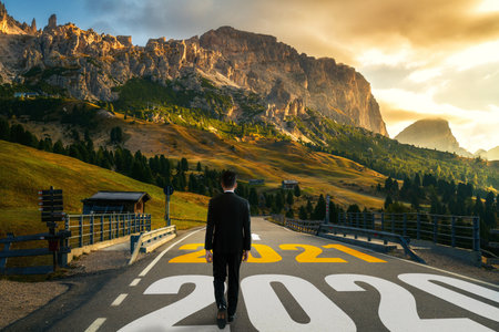 The 2021 New Year journey and future vision concept . Businessman traveling on highway road leading forward to happy new year celebration in beginning of 2021 for fresh and successful start .の写真素材
