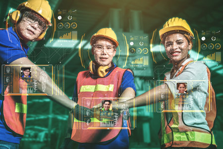Facial recognition technology for industry worker to access machine control . Future concept interface showing digital biometric security system that analyze human face to verify personal data .の写真素材