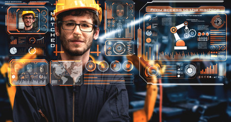 Facial recognition technology for industry worker to access machine control . Future concept...