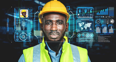 Facial recognition technology for industry worker to access machine control . Future concept...