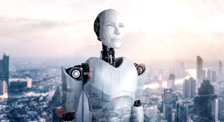 3D illustration robot humanoid looking forward against cityscape skyline . Concept of leadership, idea and vision for futuristic development of artificial intelligence AI .の写真素材