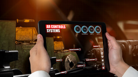 Engineer use augmented reality software in smart factory production line with automated application . Futuristic machinery in working in concept of Industry 4.0 or 4th industrial revolution.の写真素材