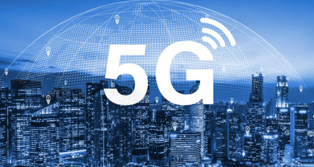 Advanced communication and global internet network connection in smart city . Concept of future 5G wireless digital connecting and social media networking .の写真素材