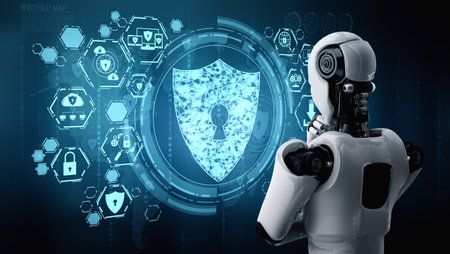 AI robot using cyber security to protect information privacy . Futuristic concept of cybercrime prevention by artificial intelligence and machine learning process . 3D rendering illustration .の写真素材