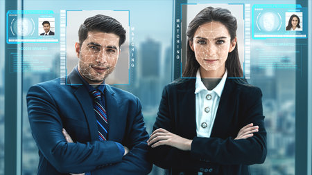 Facial recognition technology scan and detect people face for identification . Future concept interface showing digital biometric security system that analyze human face to verify personal data .の写真素材