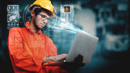Facial recognition technology for industry worker to access machine control . Future concept interface showing digital biometric security system that analyze human face to verify personal data .の写真素材