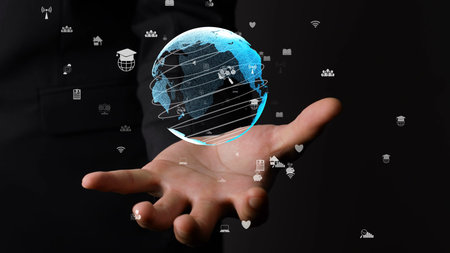Human hand holding earth globe holographic technology . Futuristic visualization for virtual reality...