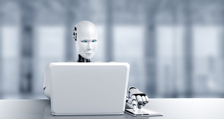 Robot humanoid use laptop and sit at table in future office while using AI thinking brain ,...