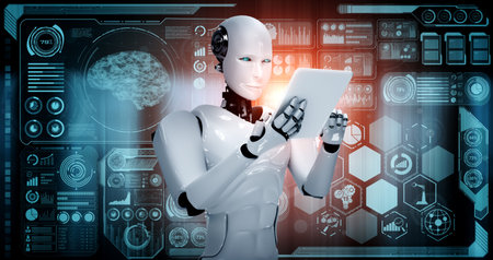 Robot humanoid using tablet computer for big data analytic using AI thinking brain , artificial...