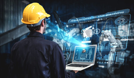 Facial recognition technology for industry worker to access machine control . Future concept...