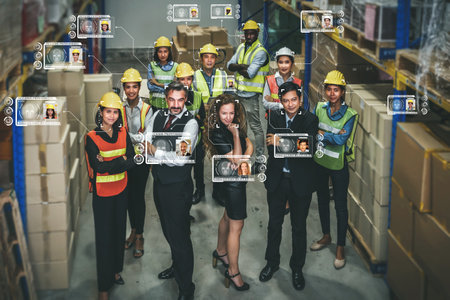 Facial recognition technology for industry worker to access machine control . Future concept interface showing digital biometric security system that analyze human face to verify personal data .の写真素材