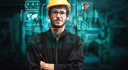 Facial recognition technology for industry worker to access machine control . Future concept...