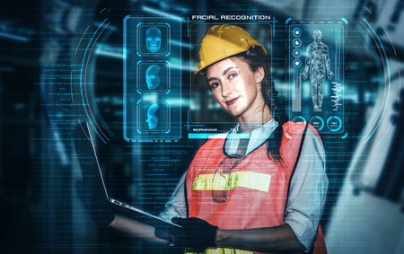 Facial recognition technology for industry worker to access machine control . Future concept...