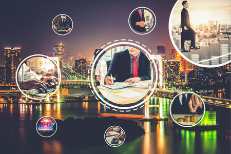 Business network web banner photo set in concept of management and growth by using corporate teamwork and people networking skills .の写真素材