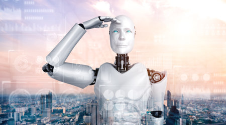 Humanoid AI robot looking at hologram screen showing concept of big data analytic using artificial...