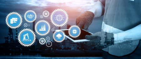 Engineering technology and industry 4.0 smart factory concept with icon graphic showing automation...