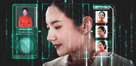 Facial recognition technology scan and detect people face for identification . Future concept interface showing digital biometric security system that analyze human face to verify personal data .の写真素材