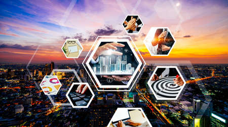 Business network web banner photo set in concept of management and growth by using corporate teamwork and people networking skills .の写真素材